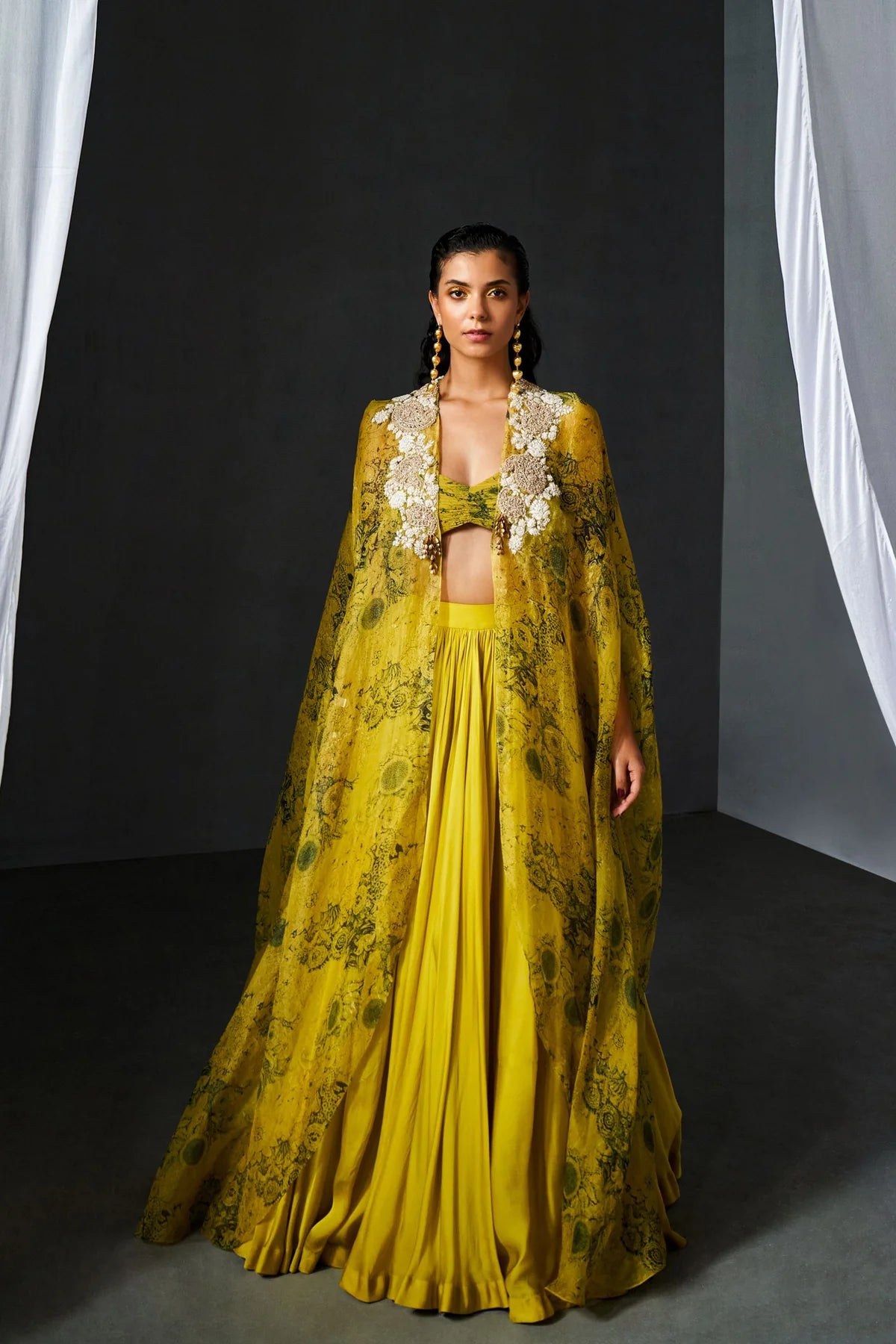 Mustard & Black Blossom Cape Lehanga Set - MARKET