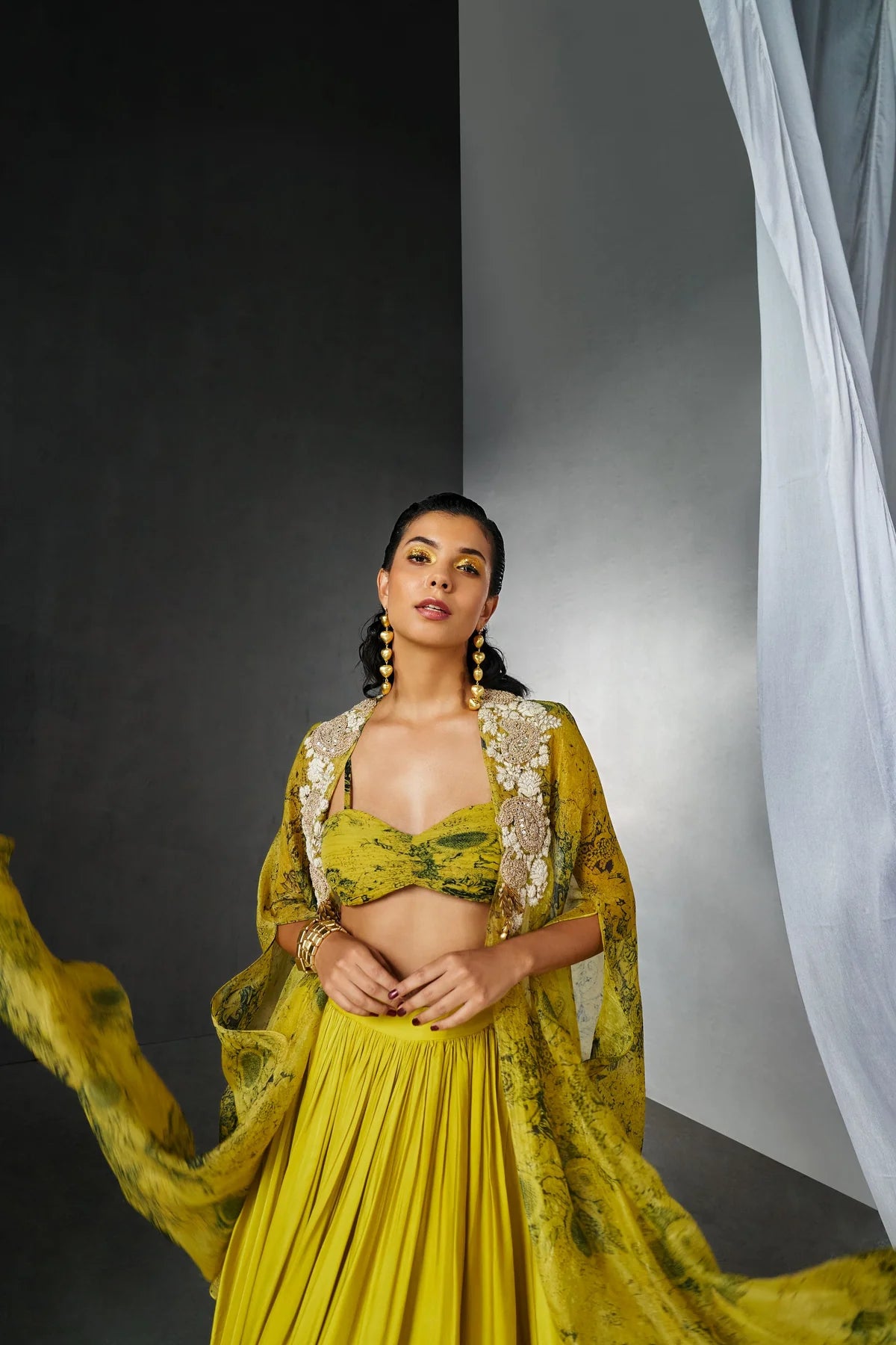 Mustard & Black Blossom Cape Lehanga Set - MARKET