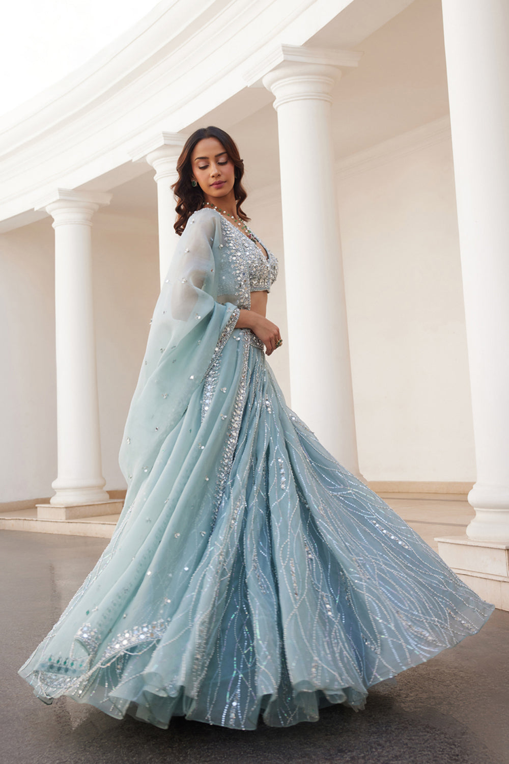 Powder Blue Organza Lehenga - MARKET