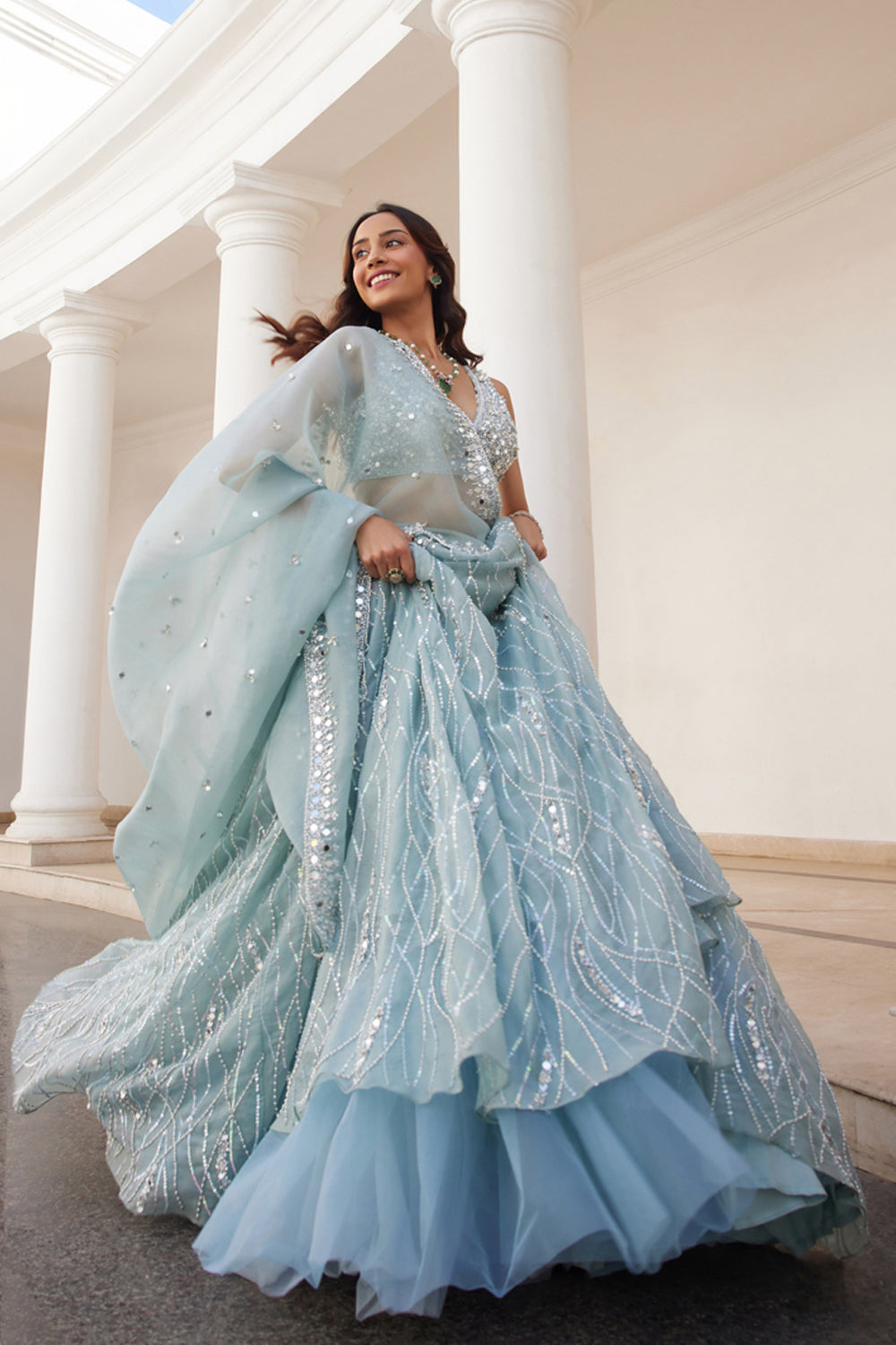 Powder Blue Organza Lehenga - MARKET