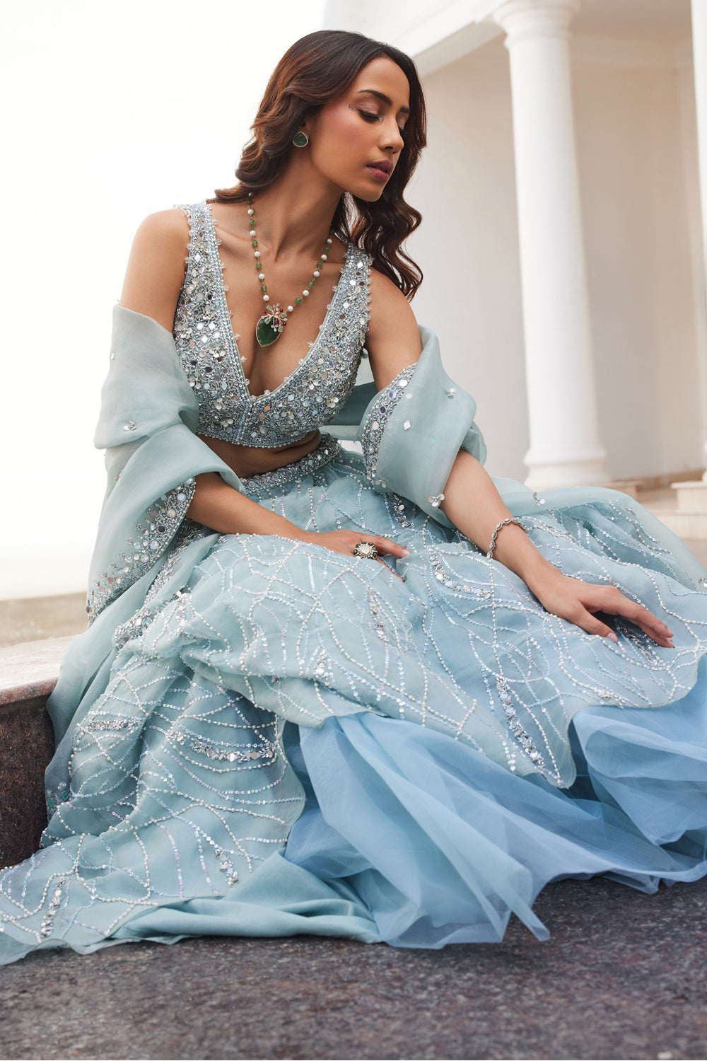 Powder Blue Organza Lehenga - MARKET