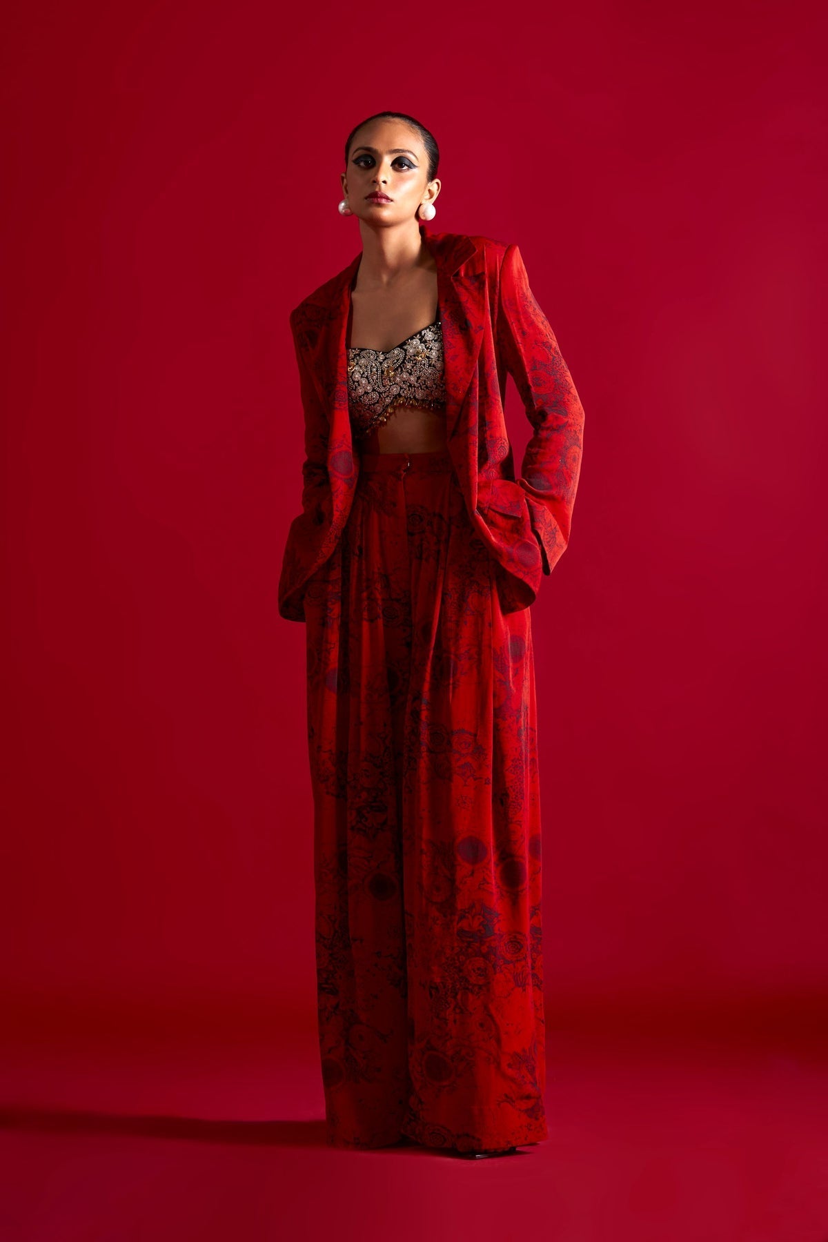 Red & Black Blossom Jacket Pant Set - MARKET