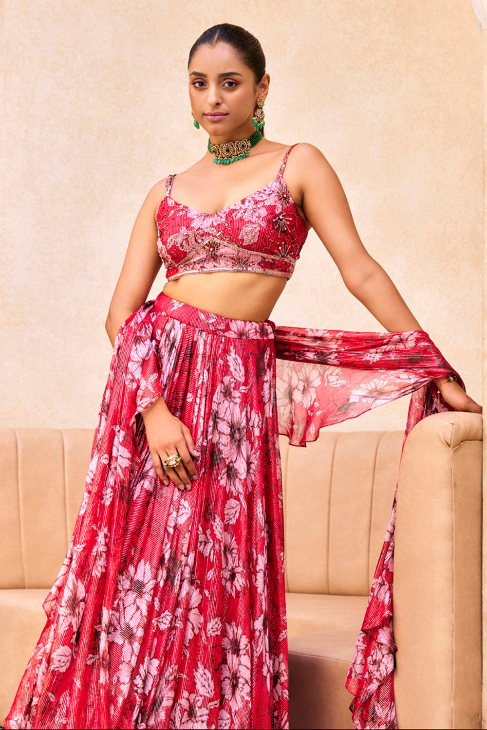 Red Floral Print Lehenga - MARKET