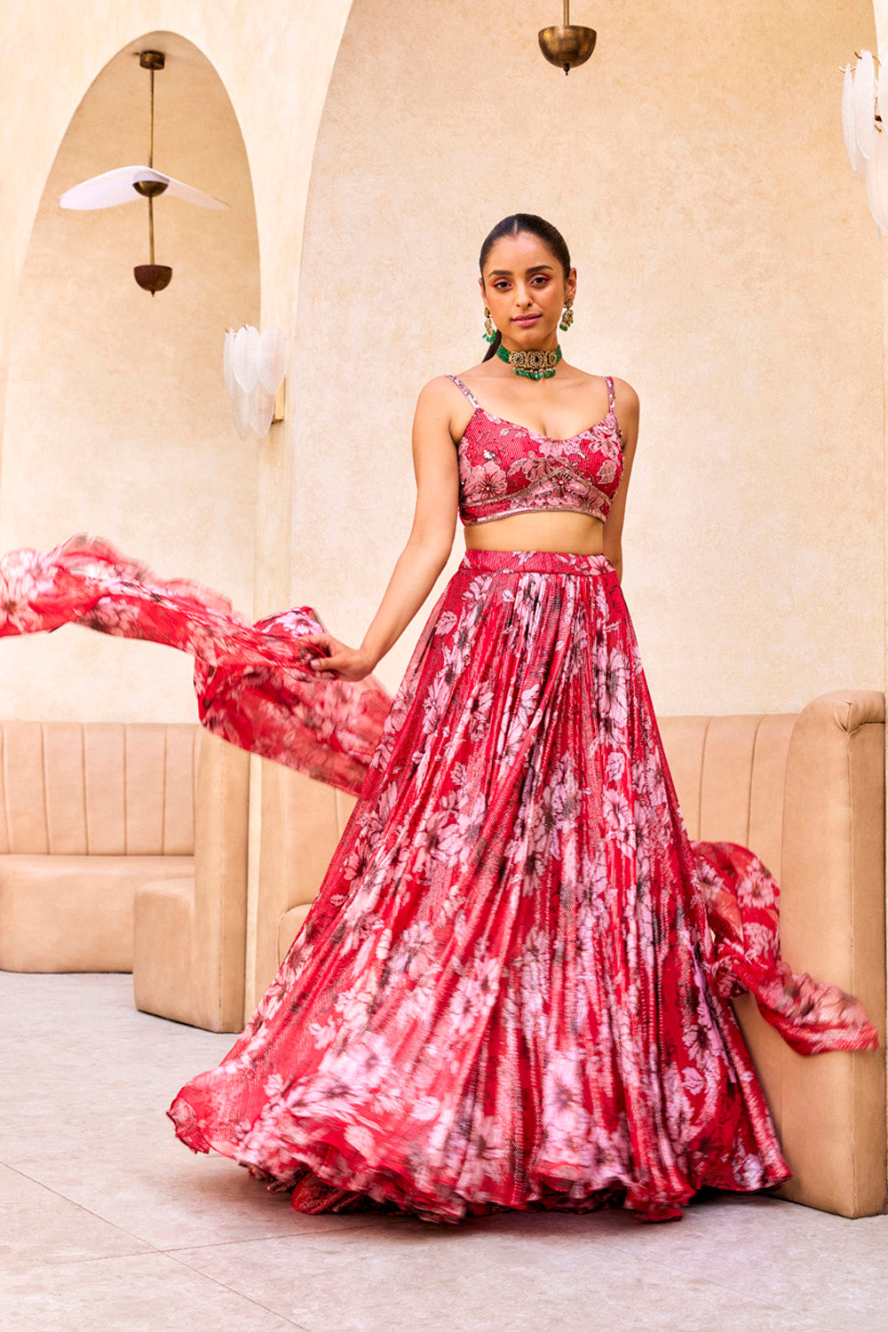 Red Floral Print Lehenga - MARKET