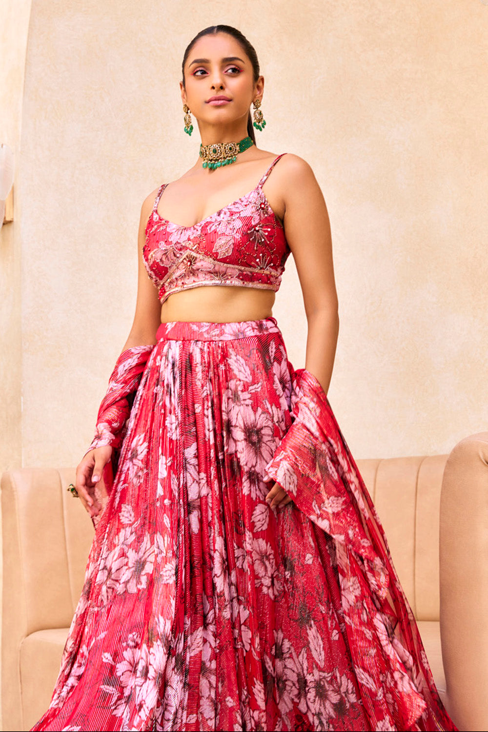 Red Floral Print Lehenga - MARKET
