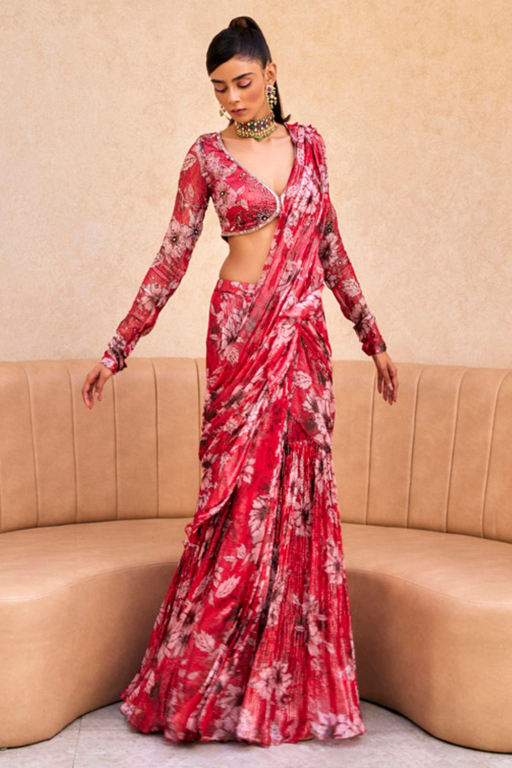 Red Floral Print Ruffle Saree - MARKET