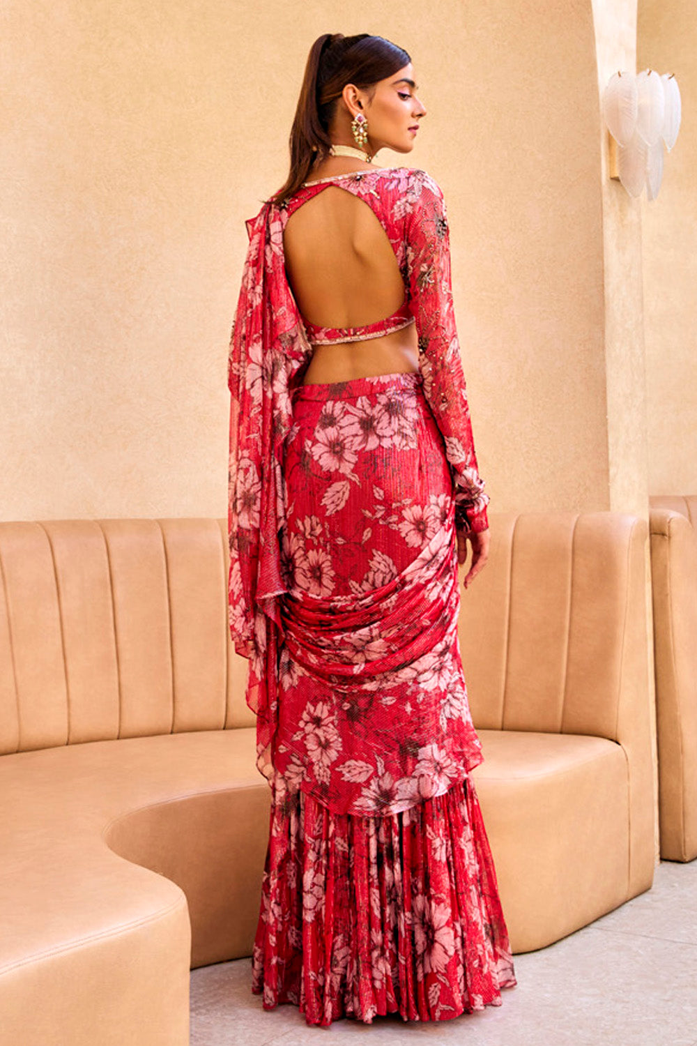Red Floral Print Ruffle Saree - MARKET
