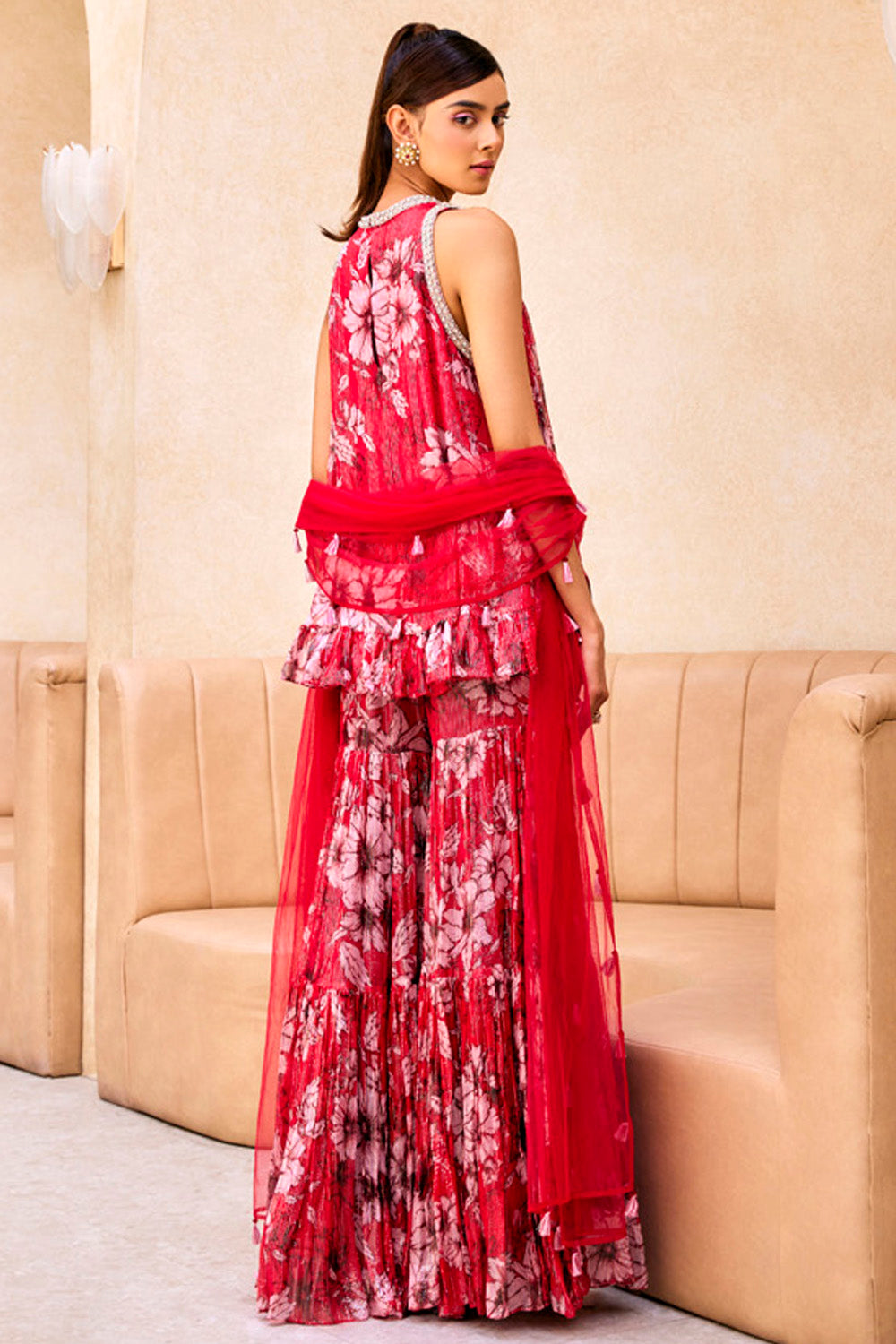 Red Printed Ruffle Tunic and Sharara Set - MARKET