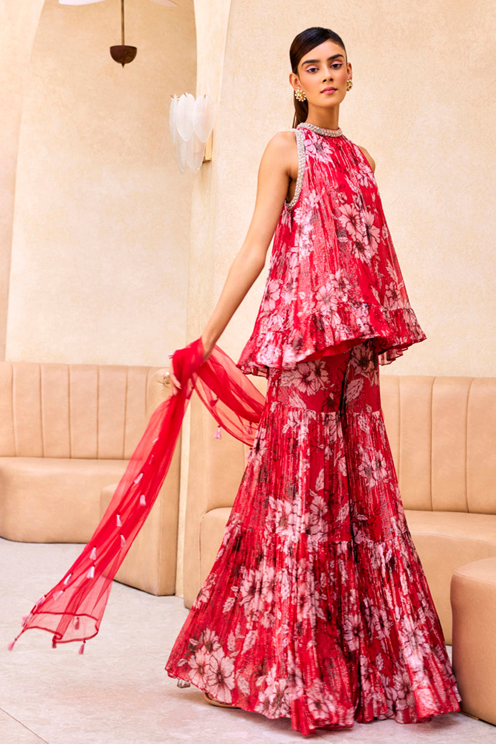 Red Printed Ruffle Tunic and Sharara Set - MARKET