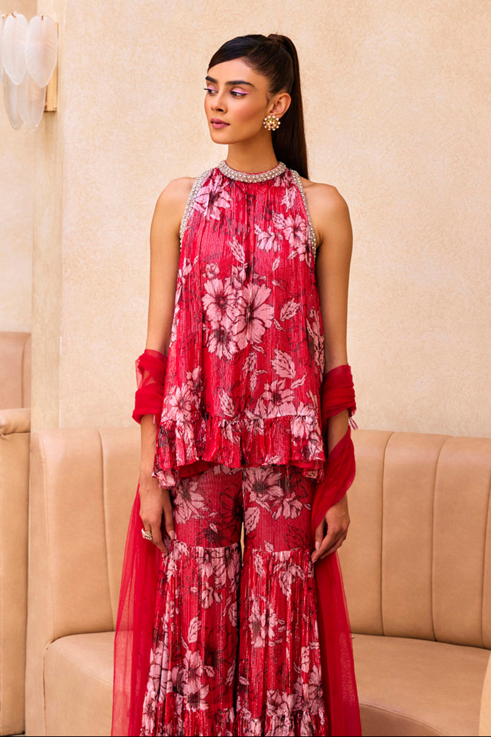 Red Printed Ruffle Tunic and Sharara Set - MARKET