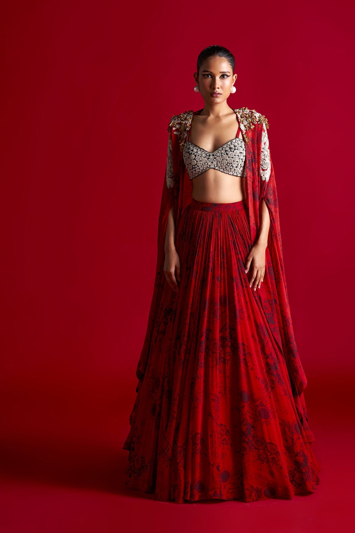 Red & Black Skirt Set w/ Blossom Cape - MARKET