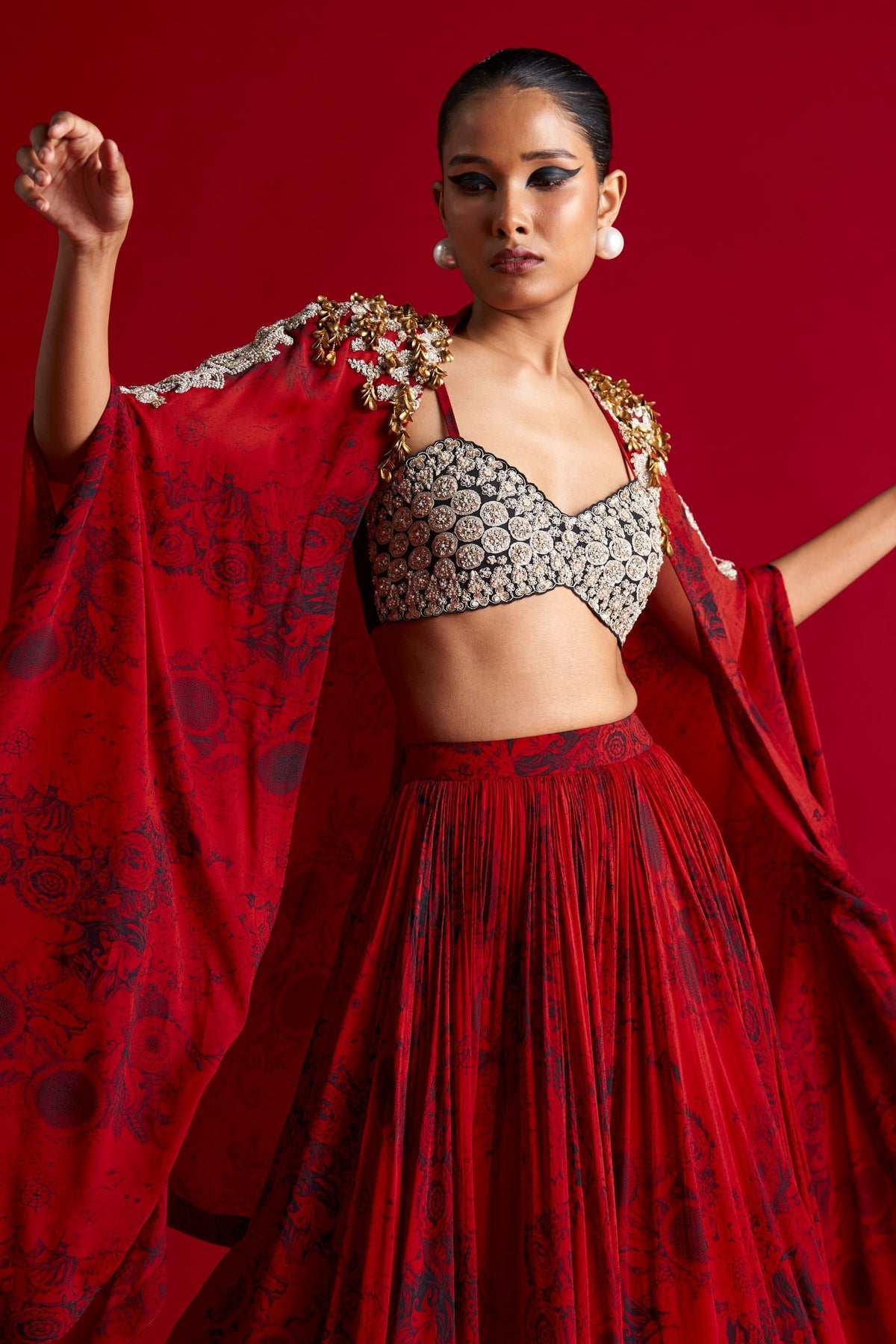 Red & Black Skirt Set w/ Blossom Cape - MARKET