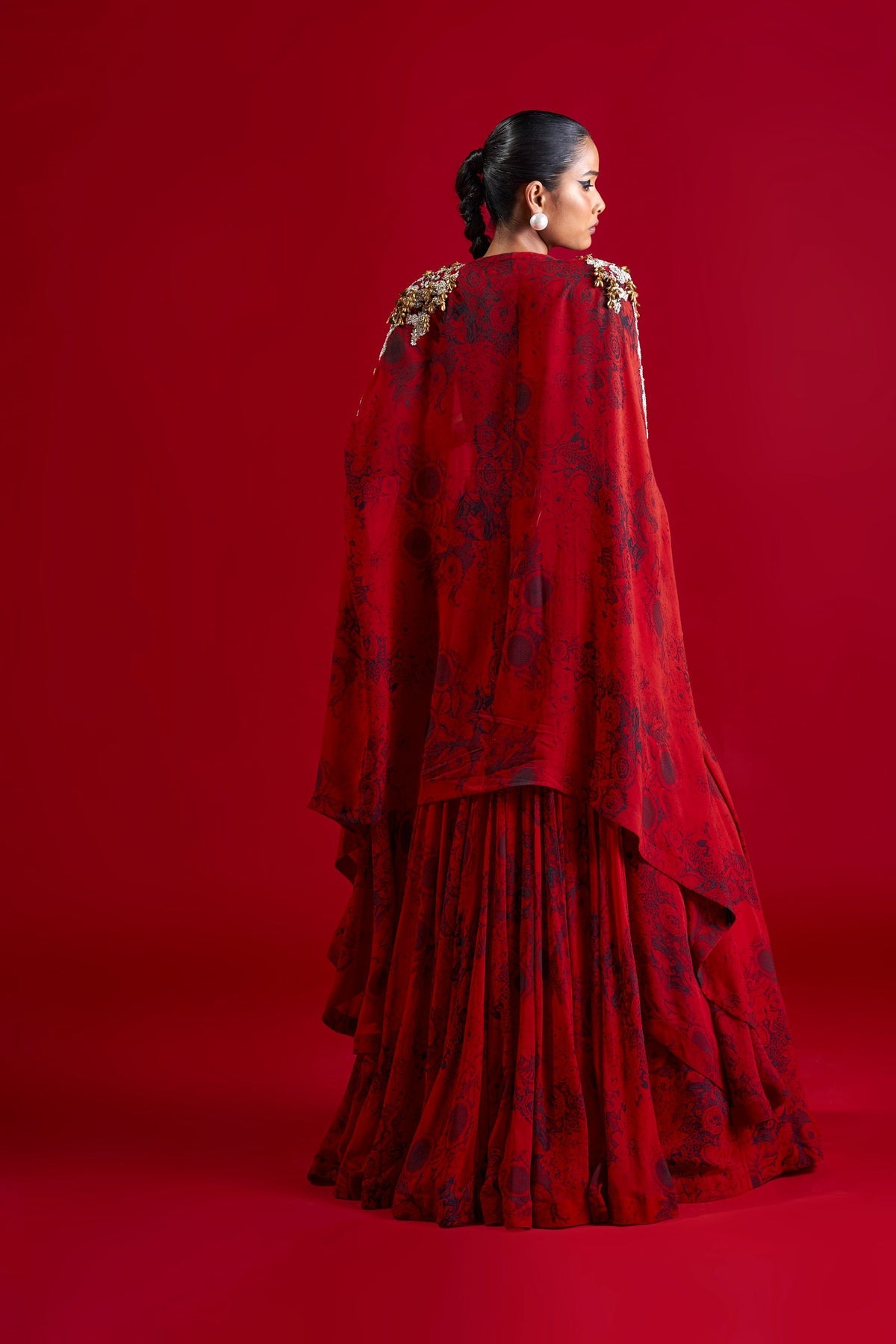 Red & Black Skirt Set w/ Blossom Cape - MARKET