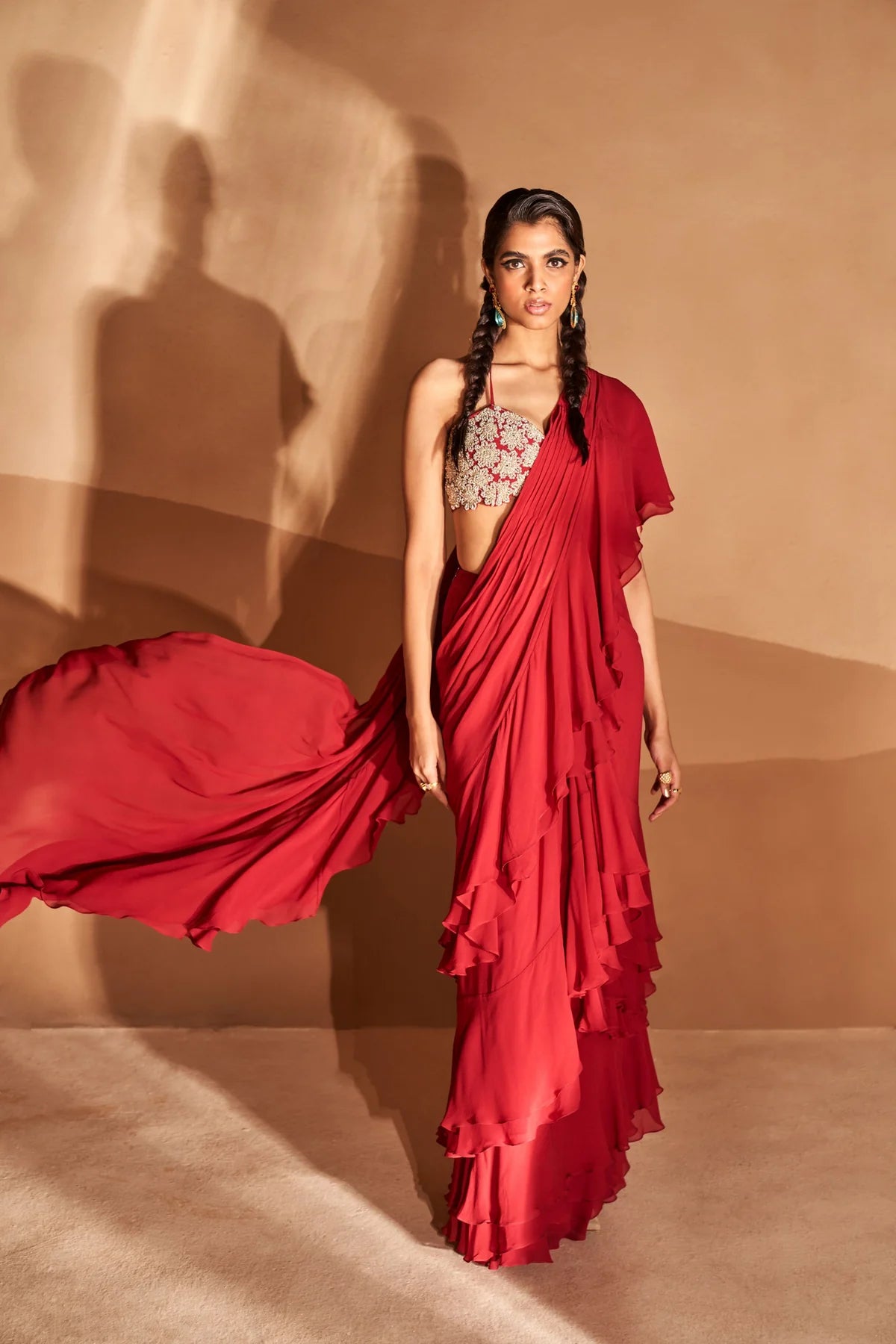 Red Layered Ruffle Saree Set - MARKET