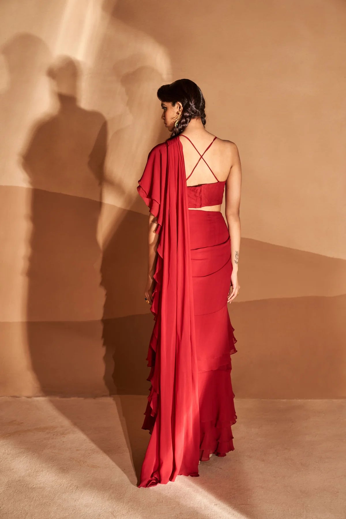 Red Layered Ruffle Saree Set - MARKET