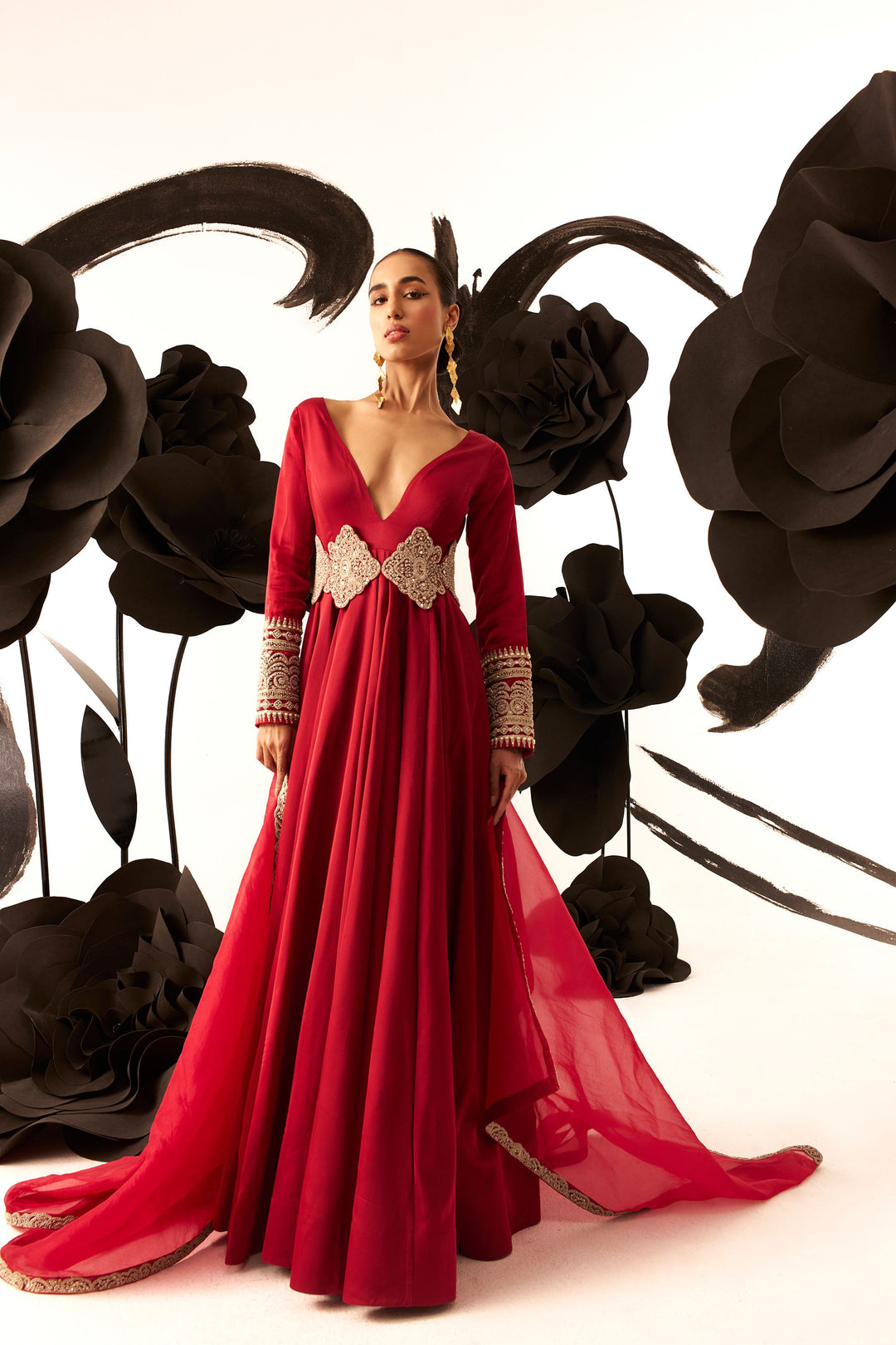 Retro Red Belted V-Neck Anarkali - MARKET