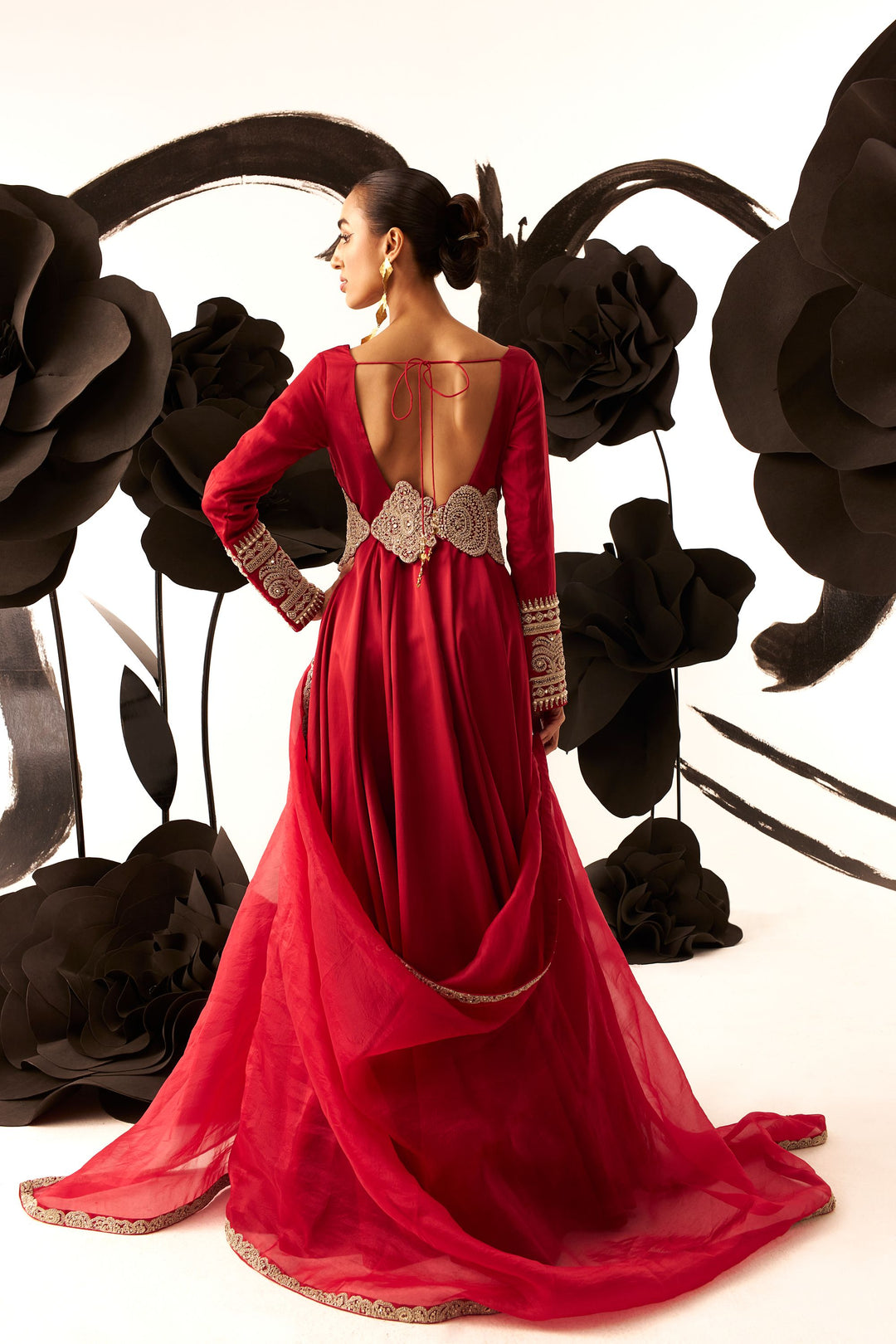 Retro Red Belted V-Neck Anarkali - MARKET