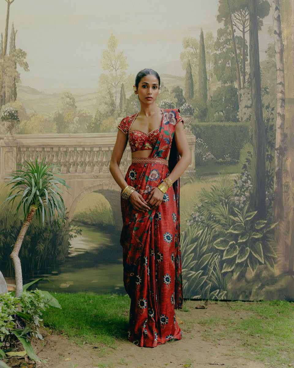 Ruby Red Pre Draped Sareee - MARKET