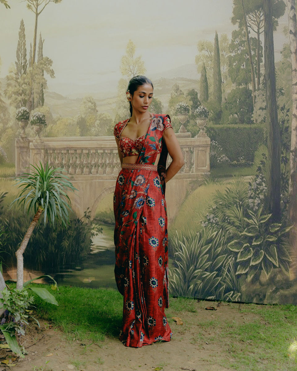 Ruby Red Pre Draped Sareee - MARKET