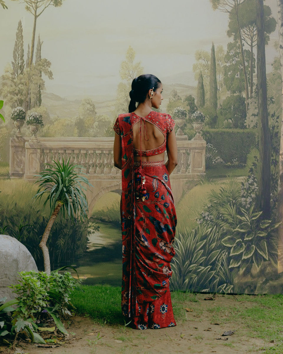 Ruby Red Pre Draped Sareee - MARKET