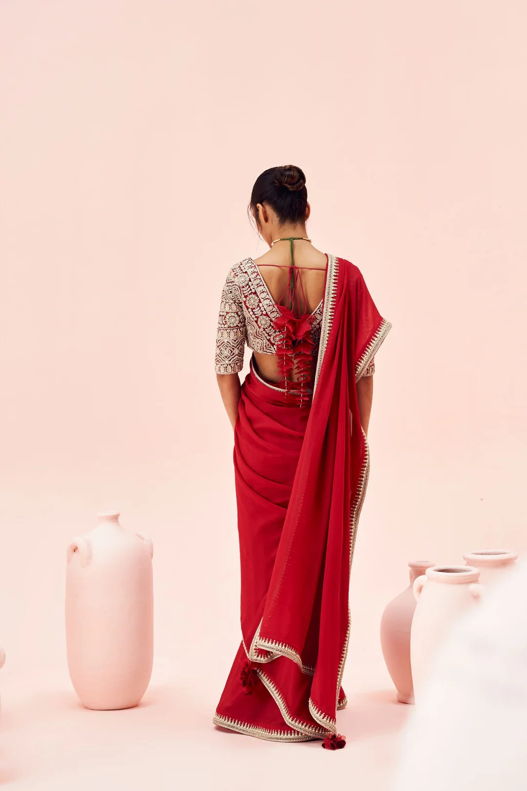 Ruby Red Saree with Embroidered Blouse - MARKET