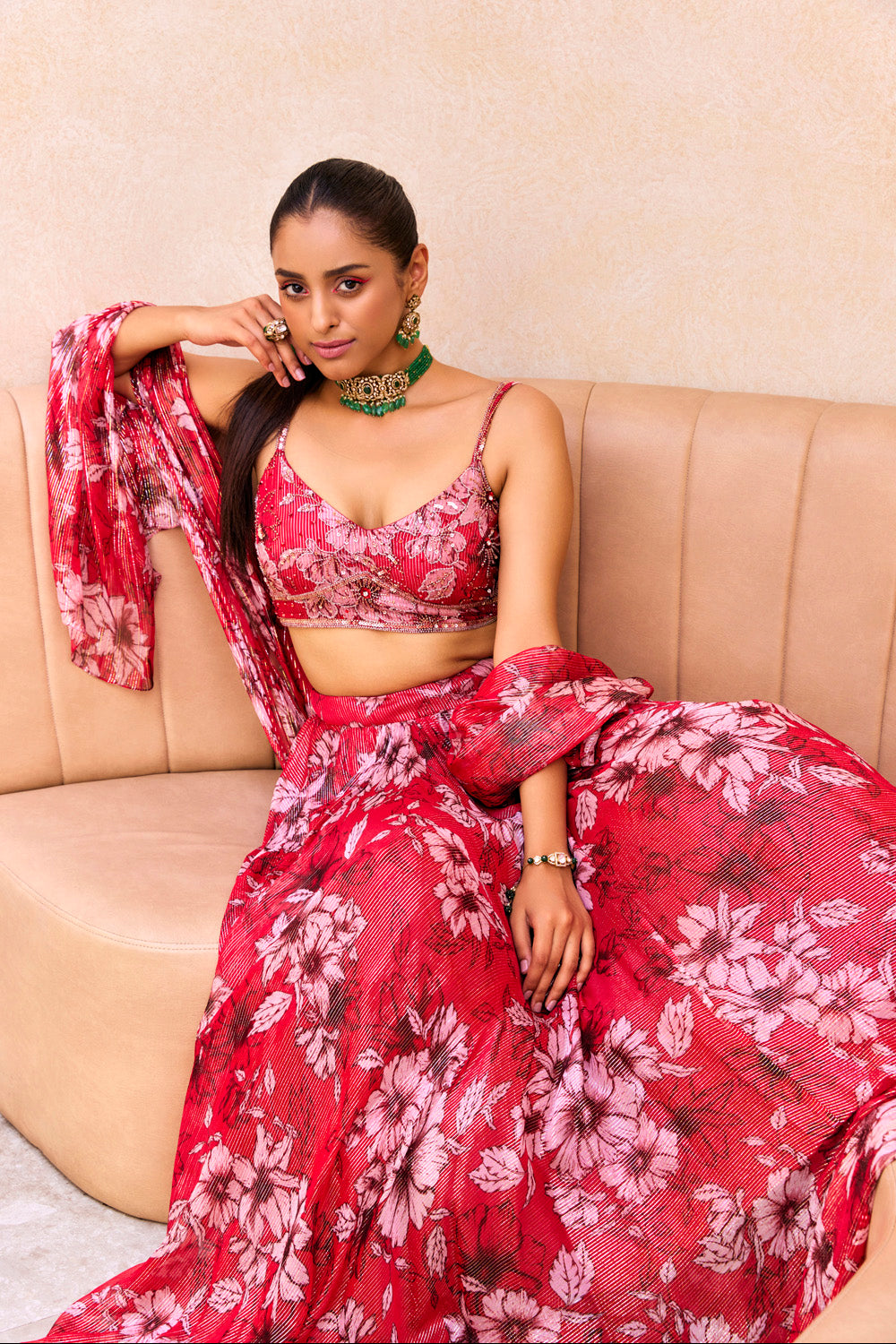 Red Floral Print Lehenga - MARKET