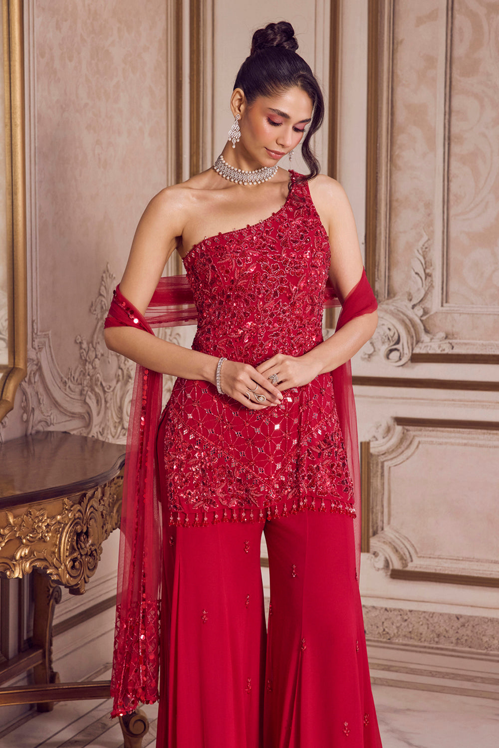 Magenta One Shoulder Kurta and Pants Set - MARKET