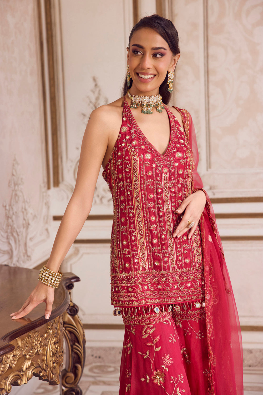 Magenta Halter Neck Kurta and Sharara Set - MARKET