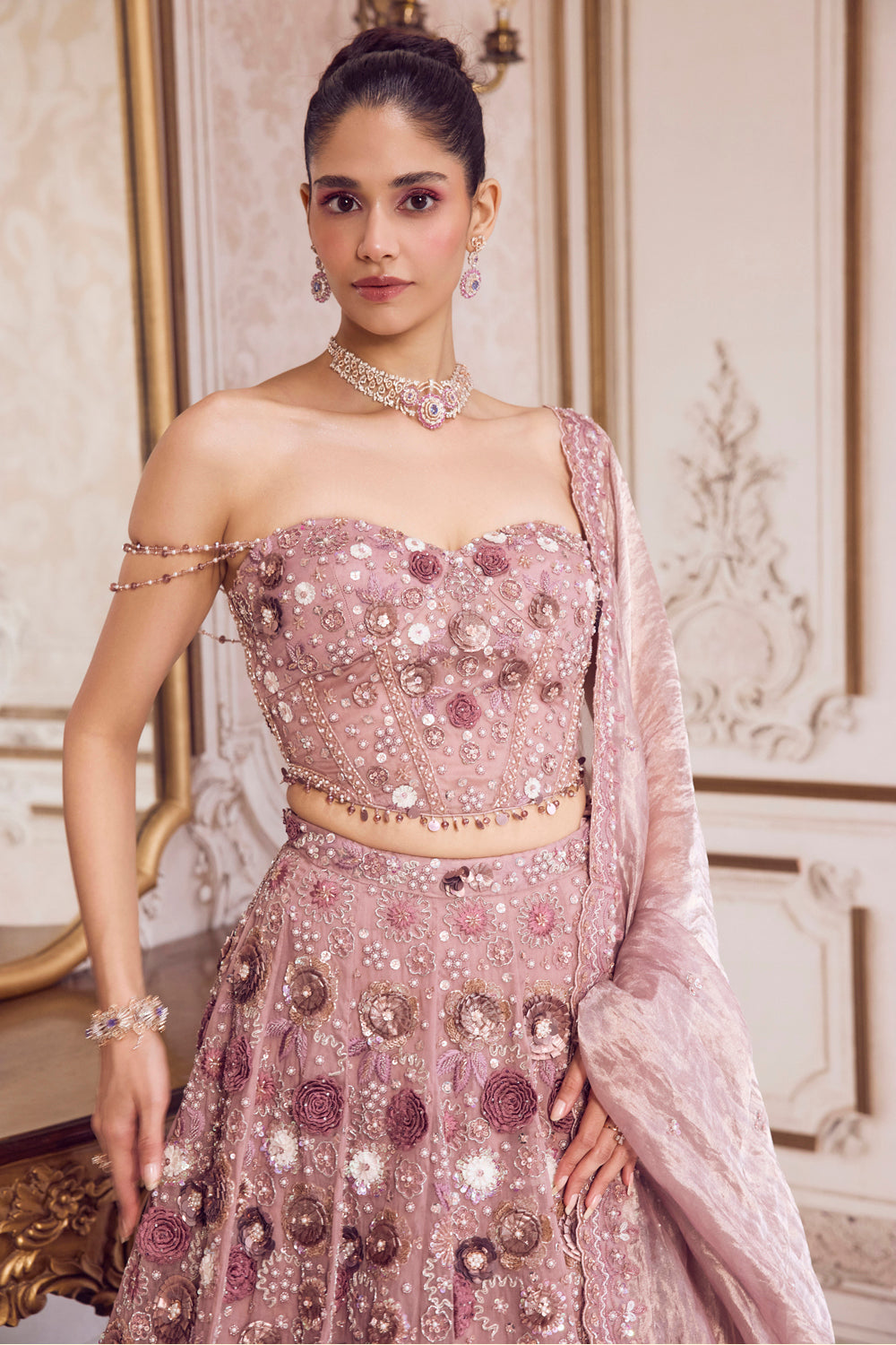Champagne Rose Lehenga With Corset Set - MARKET