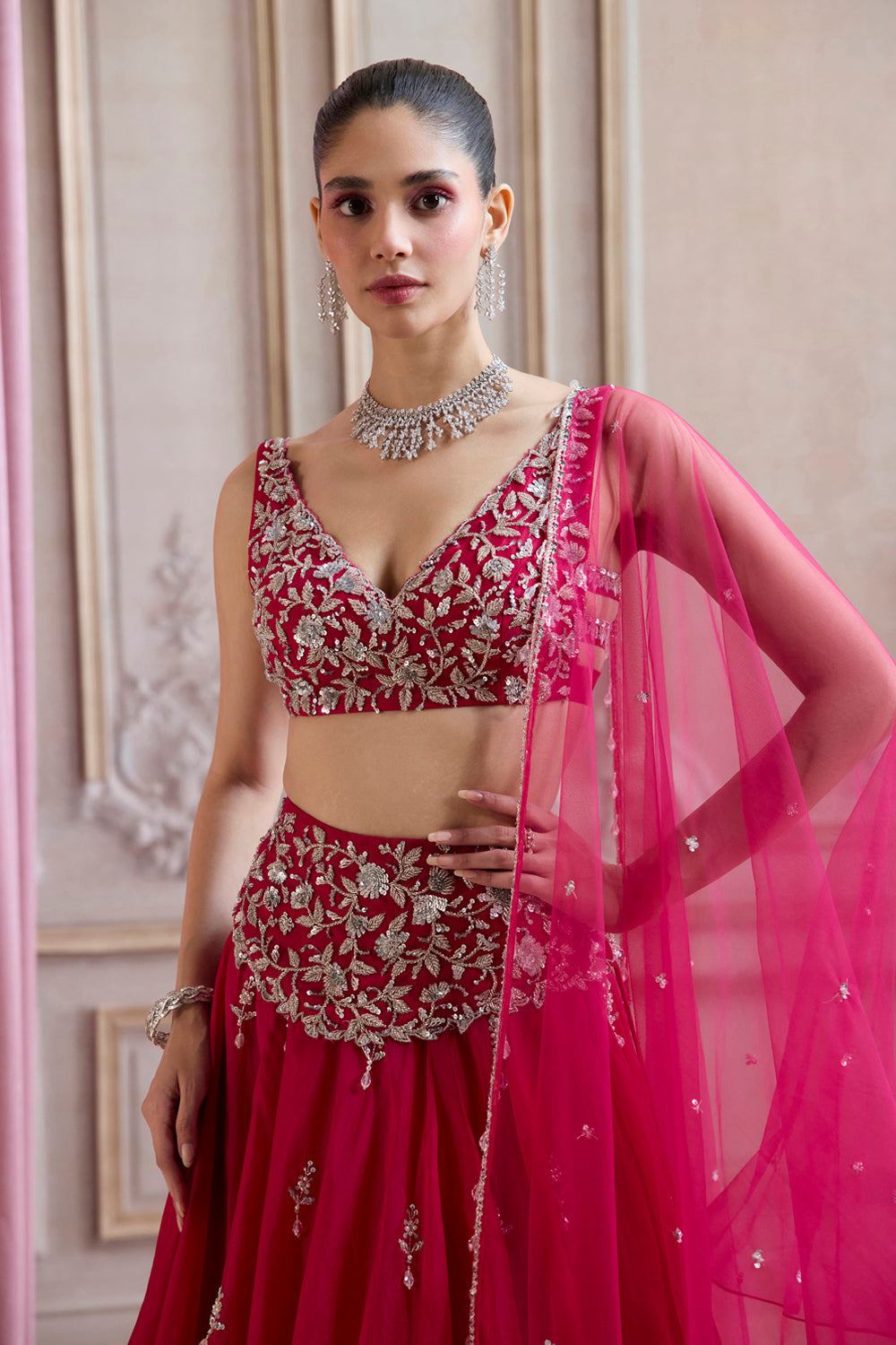 Magenta Organza Lehenga With Embroidered Belt - MARKET