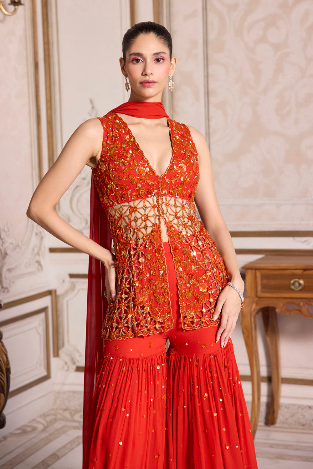 Rust Cutwork Peplum and Sharara Set - MARKET