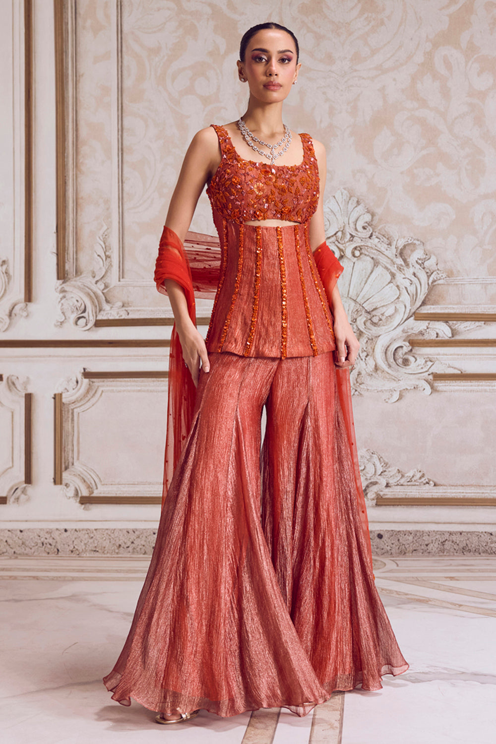 Rust Crushed Tissue Corset and Sharara Set - MARKET