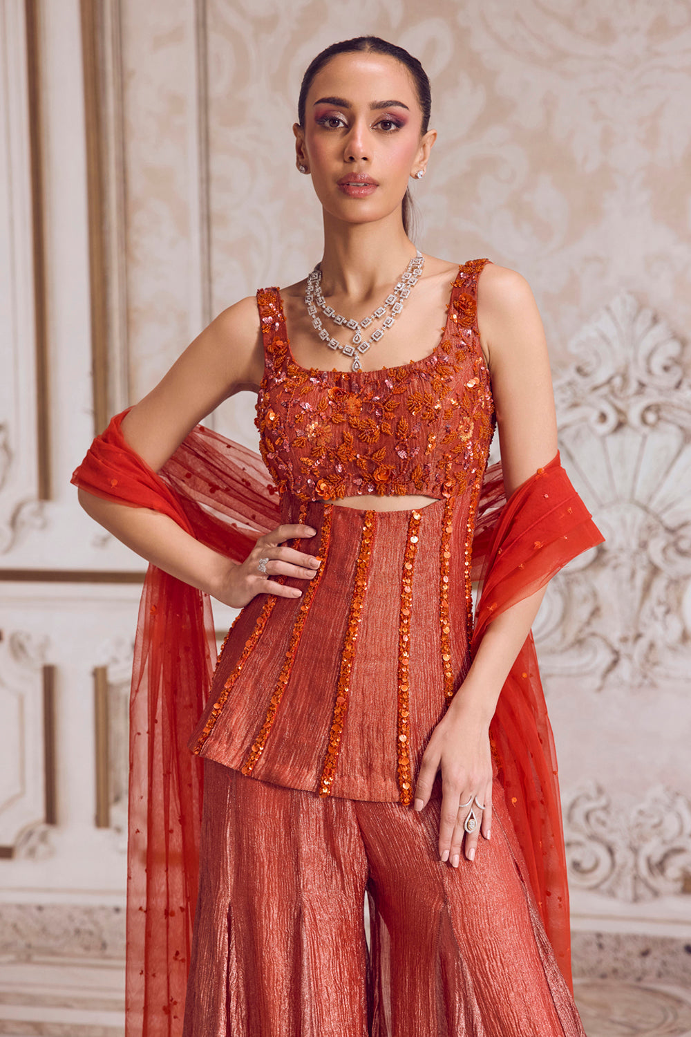 Rust Crushed Tissue Corset and Sharara Set - MARKET