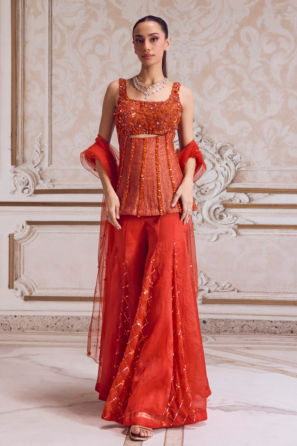 Rust Crushed Tissue Corset With Organza Sharara Set - MARKET