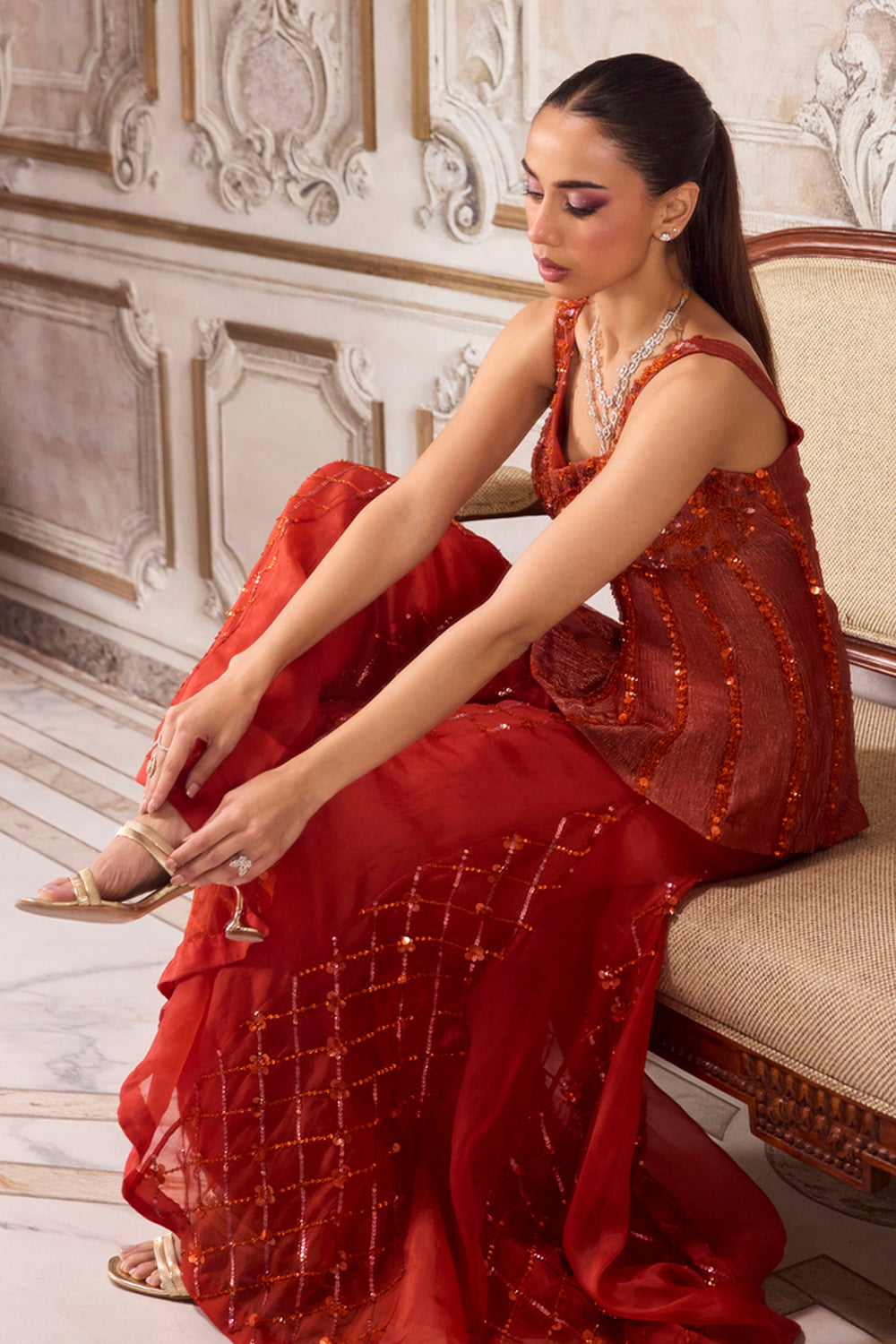 Rust Crushed Tissue Corset With Organza Sharara Set - MARKET