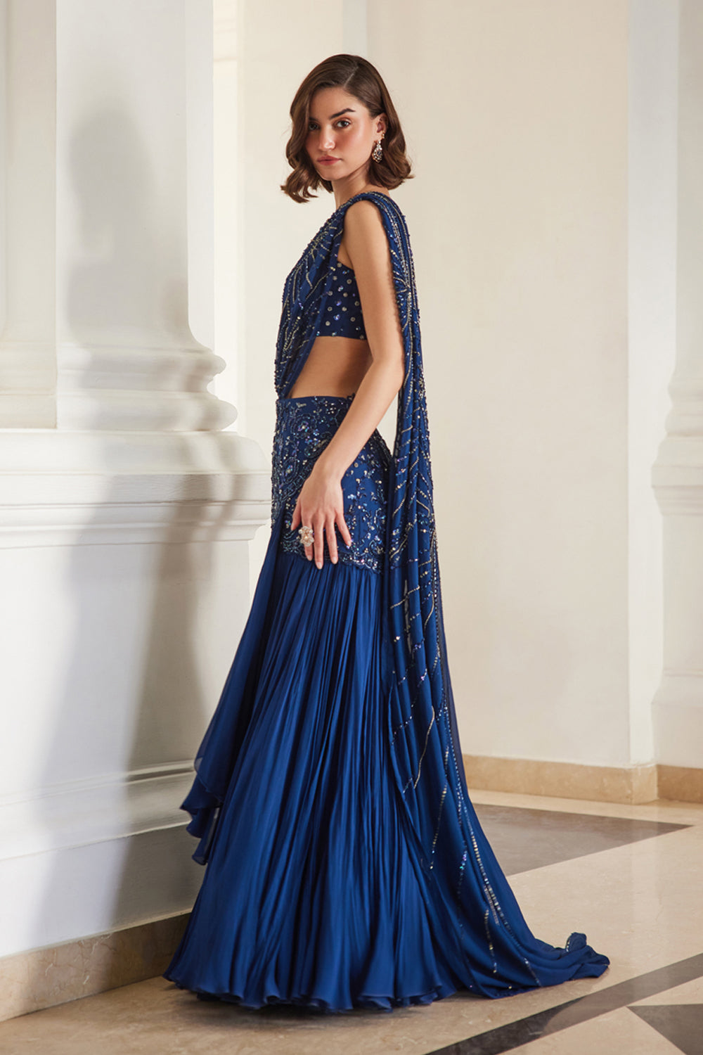 Teal Blue Saree With Bustier - MARKET