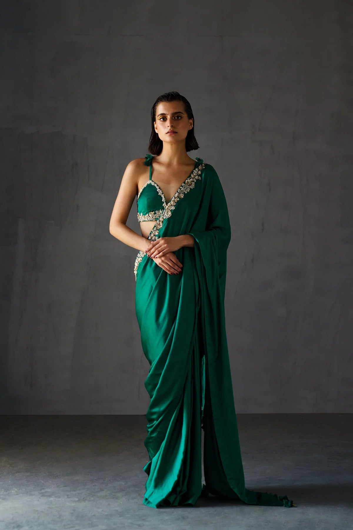 Teal Green Bustier & Saree - MARKET