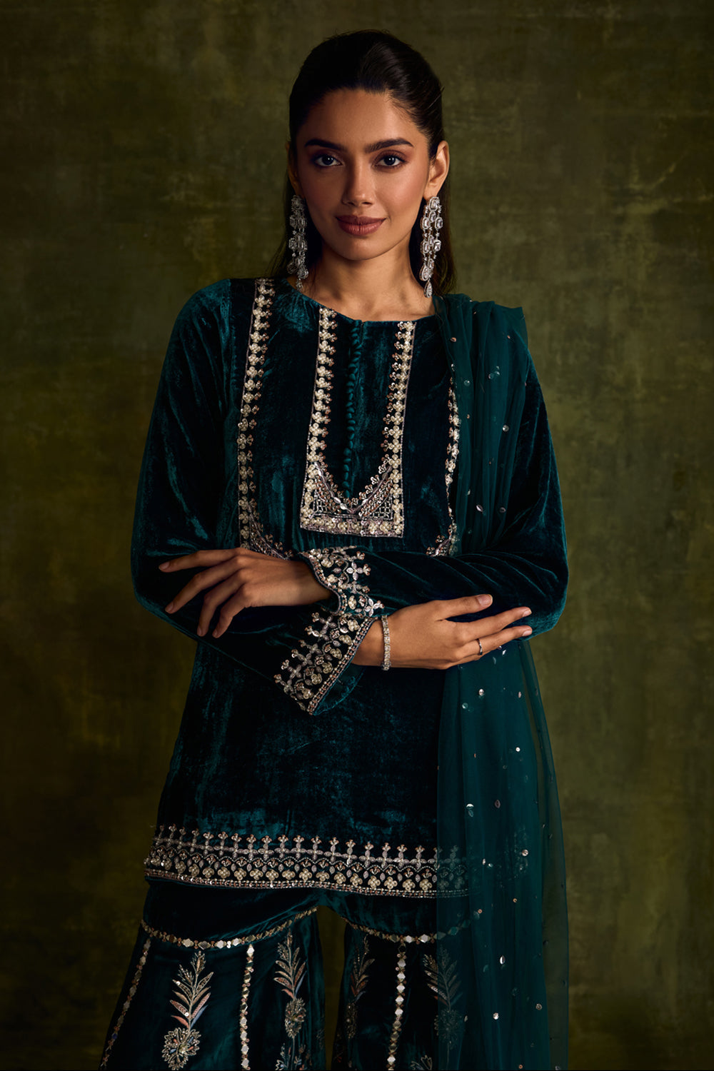 Teal Velvet Sharara Set - MARKET