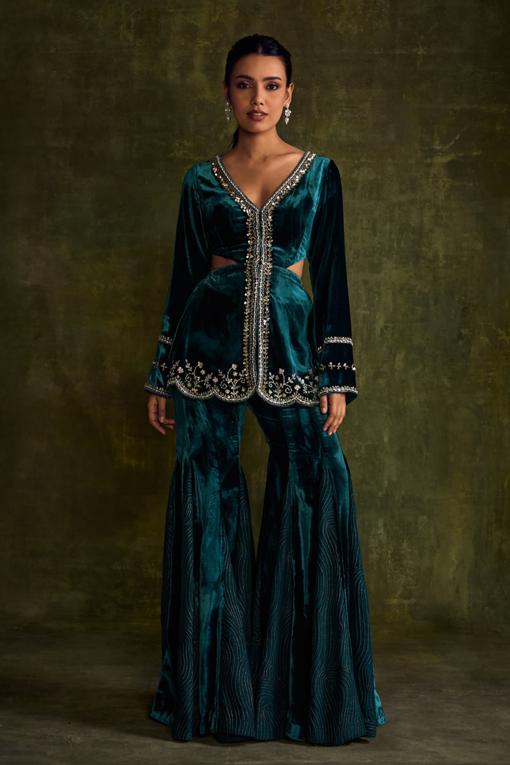 Turquoise Velvet Cut-Out Peplum Set - MARKET