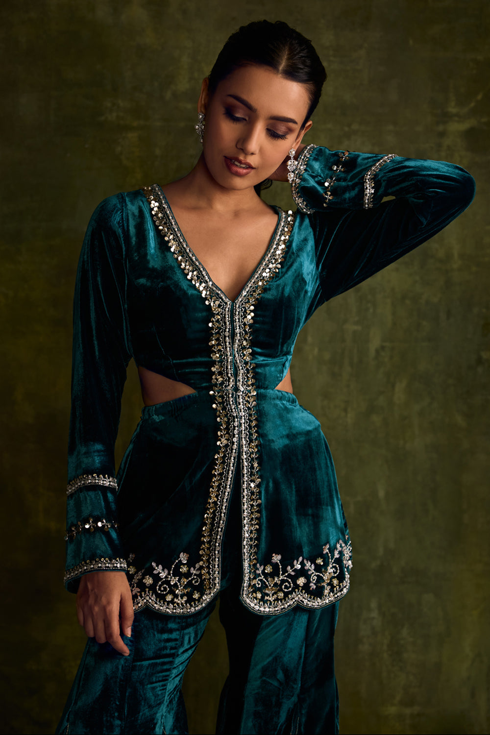 Turquoise Velvet Cut-Out Peplum Set - MARKET