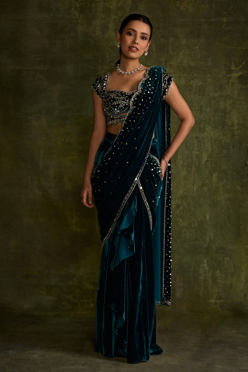 Turquoise Velvet Pre-Draped Saree - MARKET