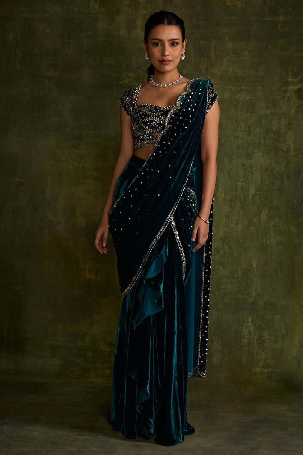 Turquoise Velvet Pre-Draped Saree - MARKET