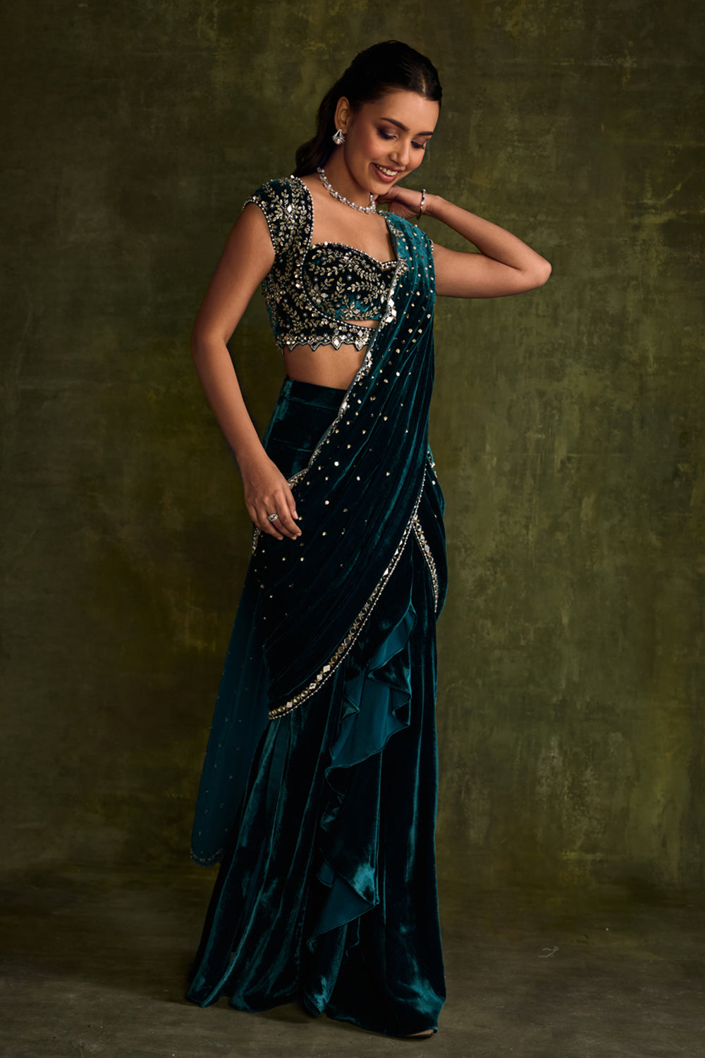 Turquoise Velvet Pre-Draped Saree - MARKET