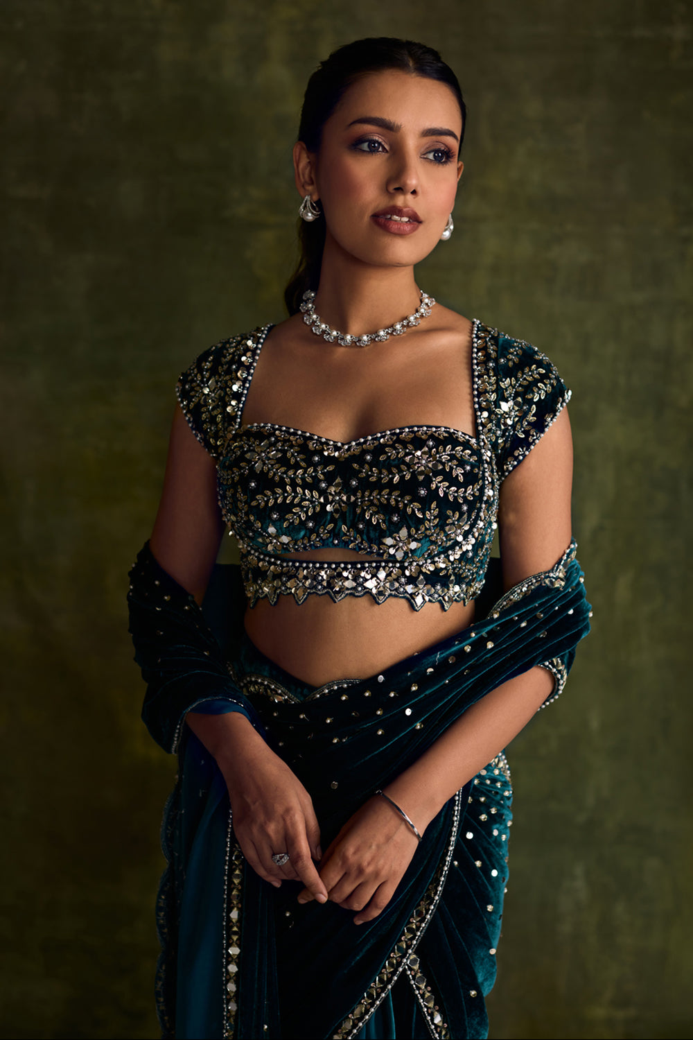 Turquoise Velvet Pre-Draped Saree - MARKET