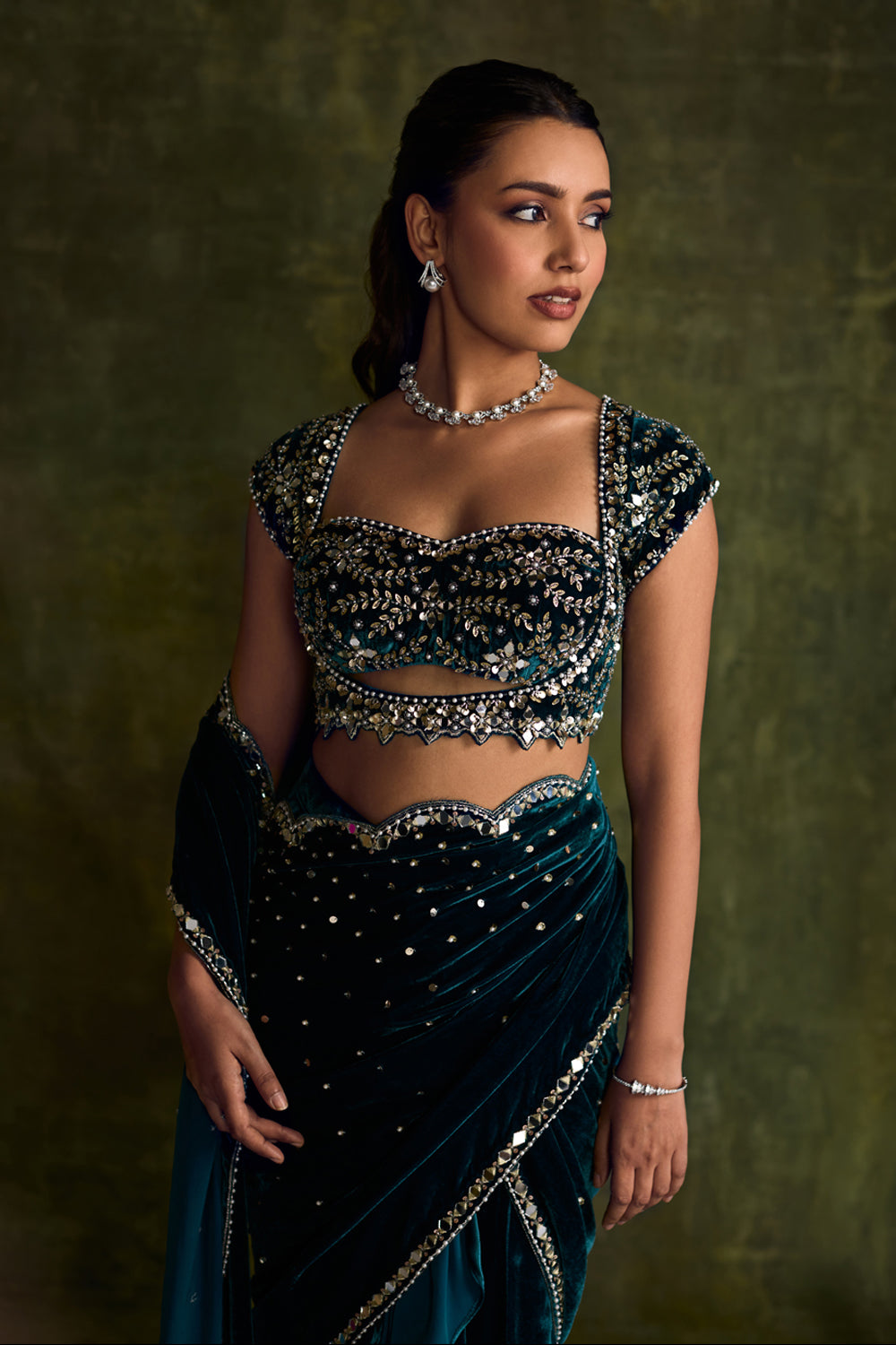 Turquoise Velvet Pre-Draped Saree - MARKET