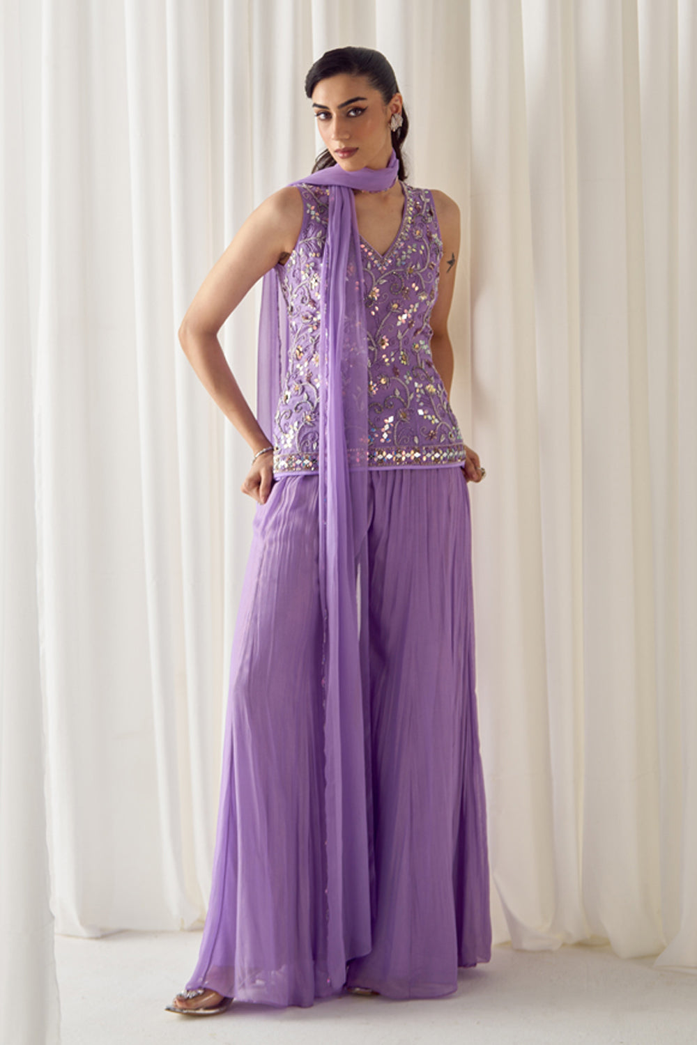 Lavender Fitted Kurta With Sharara Set - MARKET