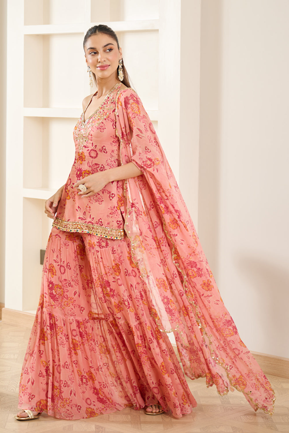 Pink Floral Print Halter Neck Kurta Sharara Set - MARKET