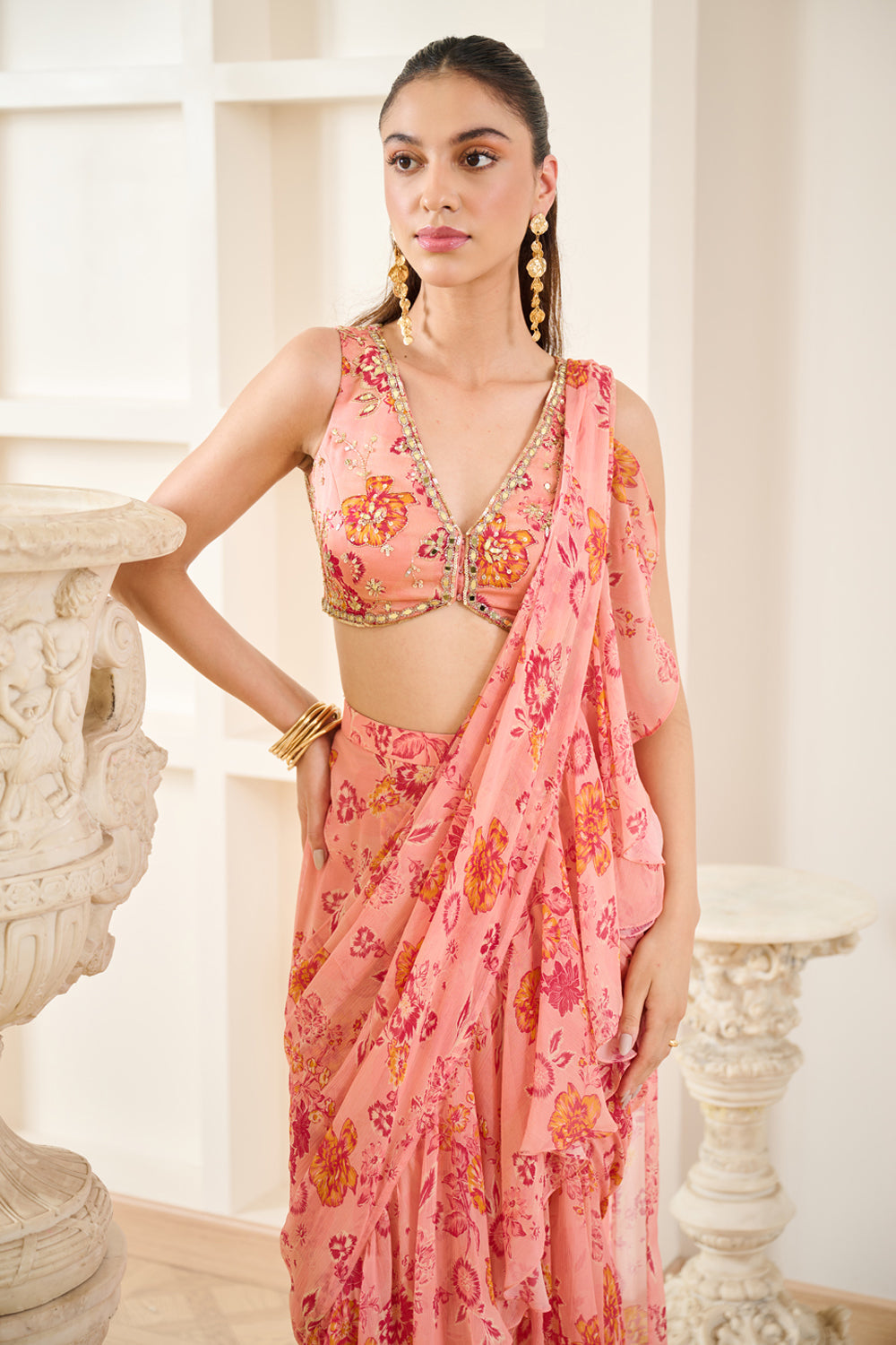 Pink Floral Print Drape Saree - MARKET