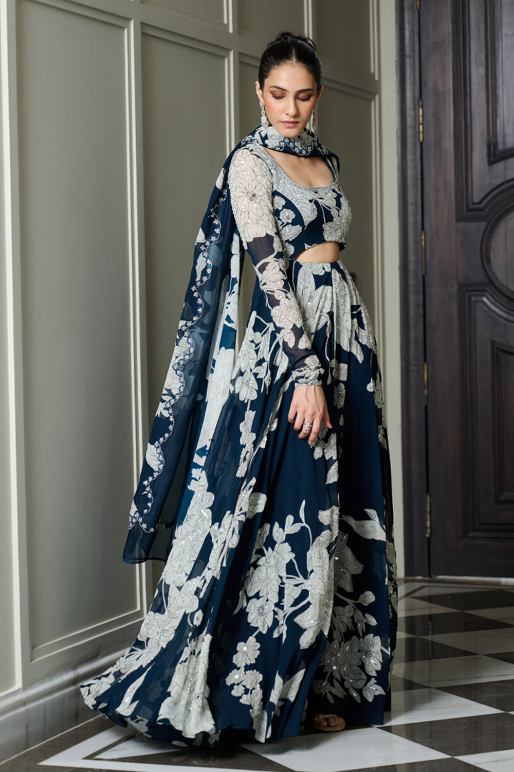 Blue Floral Print Anarkali - MARKET