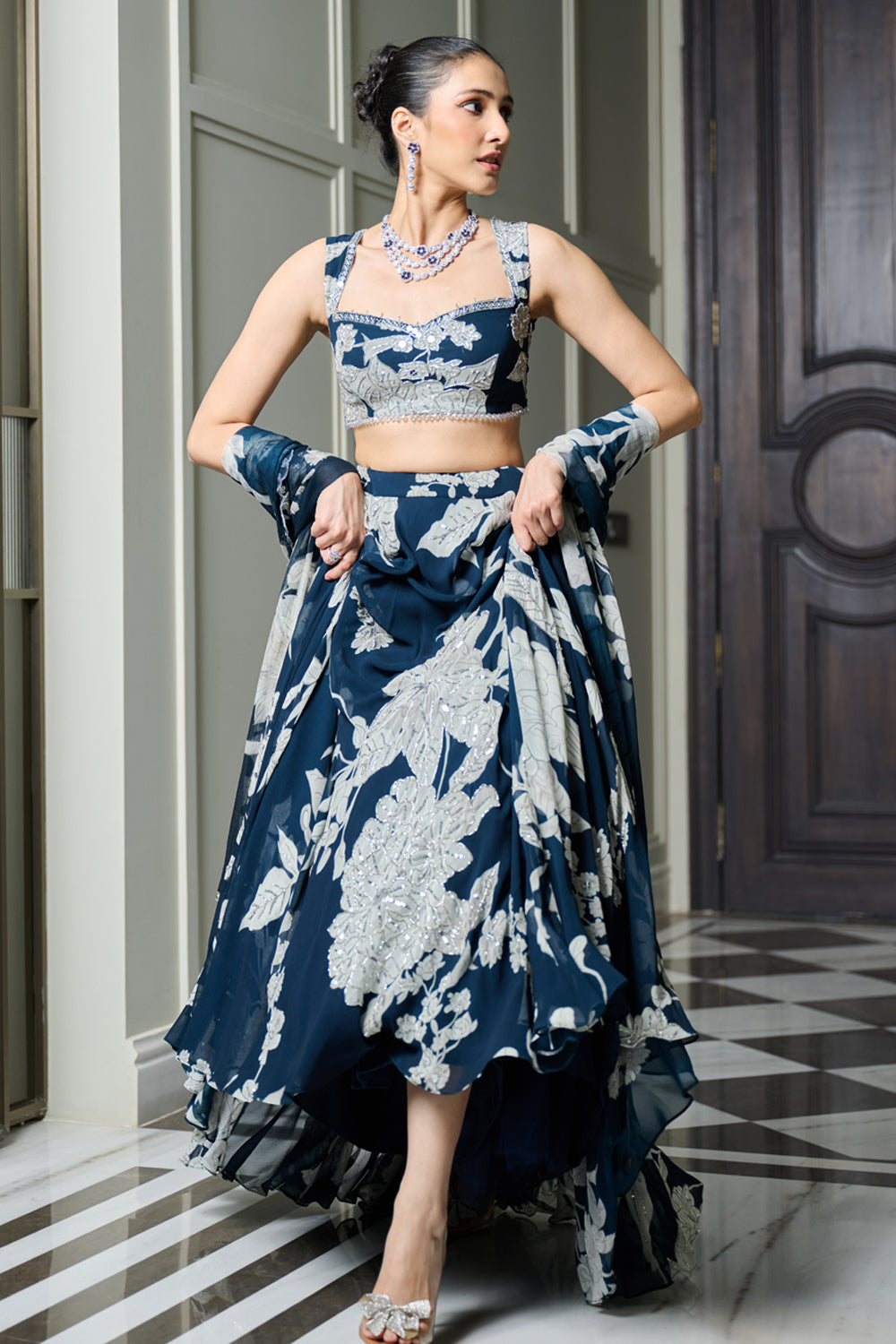 Blue Floral Print Lehenga Set - MARKET